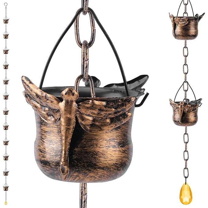 Dragonfly Bronze Cup Rain Chain, 105.5" Metal Rain Catcher Chain for Gutters, Decorative Outdoor Rain Chain with Vintage Finish, Garden Yard Patio Downspout Diverter Ornament