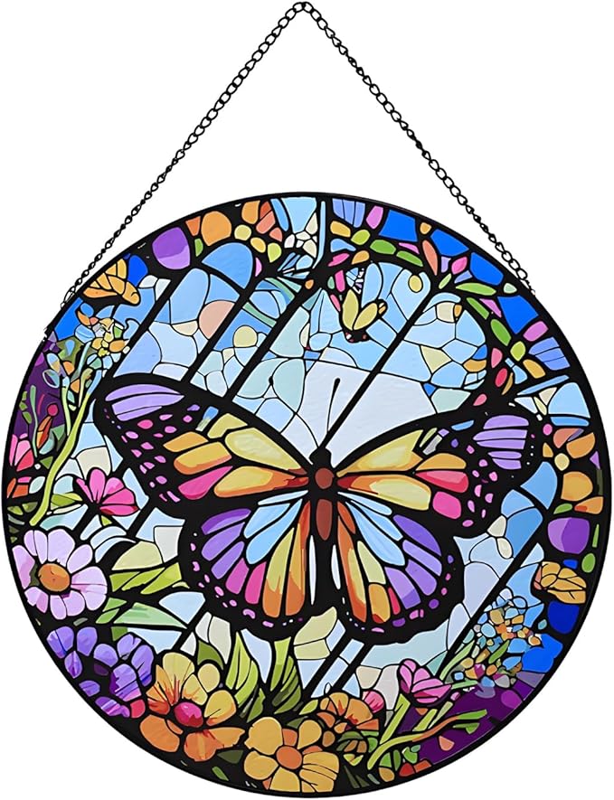 Butterfly Stained Glass Window Hanging,20cm/7.87inch Hand-Painted Sun Catcher Garden Hangings for Doors Home Christmas Mother's Day, Valentine's Day Ornaments Festival Gift (A Style)
