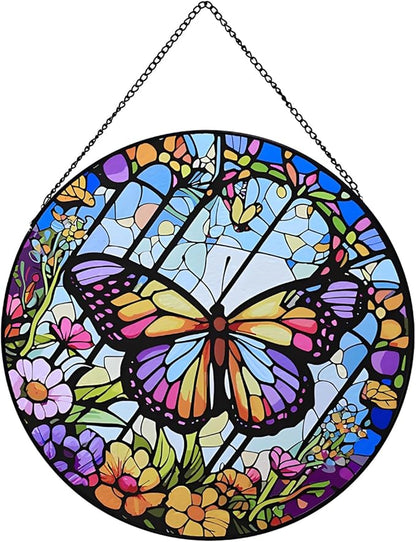 Butterfly Stained Glass Window Hanging,20cm/7.87inch Hand-Painted Sun Catcher Garden Hangings for Doors Home Christmas Mother's Day, Valentine's Day Ornaments Festival Gift (A Style)