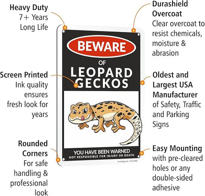 SmartSign Funny Beware Of Leopard Geckos Warning Sign - 10"x7", 40 mil Laminated Rust-free Aluminum - Metal Signs for Wall Decor, Bathroom, Outdoors, Patio, Gifts, Cafe - Geckos Theme, Made in USA