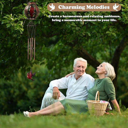 Solar Wind Chimes for Outdoor, Cardinal Garden Decorations Memorial Wind Chimes Deep Tone, Sympathy Windchimes with Detachable Solar Lanterns for Outside Garden Décor, Gifts for Mom, Grandma-Cardinal