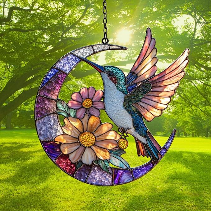 Floral Hummingbird Acrylic Suncatcher Stained Glass Effect Window Car Hanging Christmas Ornament Indoor Outdoor Decor Garden Sun Catcher Panel for Hummingbird Lover for Women Mom Grandma
