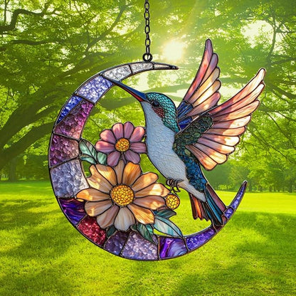 Floral Hummingbird Acrylic Suncatcher Stained Glass Effect Window Car Hanging Christmas Ornament Indoor Outdoor Decor Garden Sun Catcher Panel for Hummingbird Lover for Women Mom Grandma