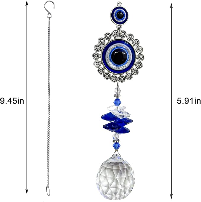 Crystal Suncatcher for Windows - Hanging Prism Sun Catchers with Crystal Balls&Blue Eye, Rainbow Maker for Home、 Garden、Car Decor (Round Eyes)