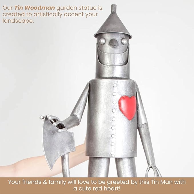 Bits and Pieces - 30.5” Tall Tin Woodsman with a Heart Garden Statue - Yard Decorations - Outdoor Sculptures - Garden Decor - Tin Man Yard Art