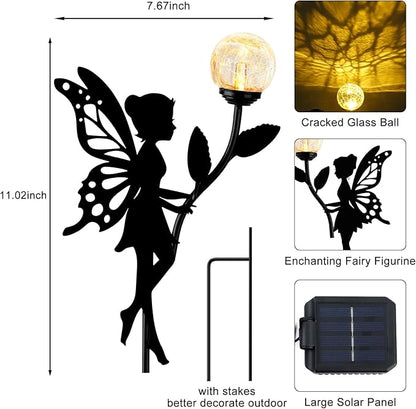 Ouddy Decor 2 Pack Solar Fairy Garden Decor, Metal Statues with Crackle Glass Globe Lights Silhouette Waterproof for Outdoor Lawn Patio Yard Pathway Home Christmas Decorations Gardening Gifts