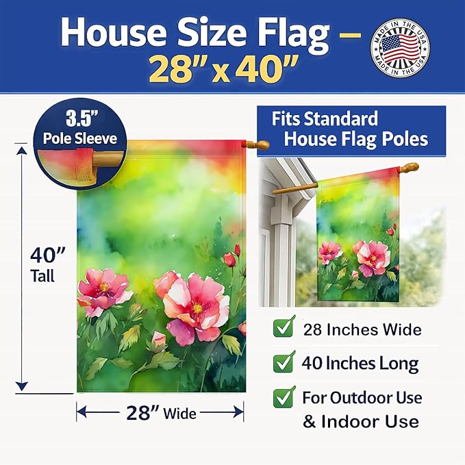 Caroline's Treasures Iowa Wild Prairie Roses in Watercolor House Flag Large Porch Sleeve Pole Decorative Outside Yard Banner Artwork Wall Hanging, Polyester, House Size, Multicolor