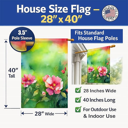 Caroline's Treasures Iowa Wild Prairie Roses in Watercolor House Flag Large Porch Sleeve Pole Decorative Outside Yard Banner Artwork Wall Hanging, Polyester, House Size, Multicolor