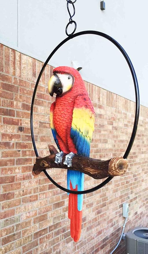 Ebros Patio Home Garden Hanging Scarlet Macaw Parrot Perching on Branch in Metal Round Ring Figurine Sculpture Nature Lovers Tropical Bird Collectors Decor 13.5" H