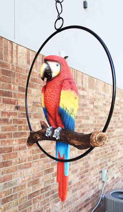 Ebros Patio Home Garden Hanging Scarlet Macaw Parrot Perching on Branch in Metal Round Ring Figurine Sculpture Nature Lovers Tropical Bird Collectors Decor 13.5" H