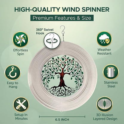ISEO Tree of Life Wind Spinner for Outdoor, Hanging Decor, Yard Art, Porch and Patio Decorations, Metal, Weather Resistant, 6.5"