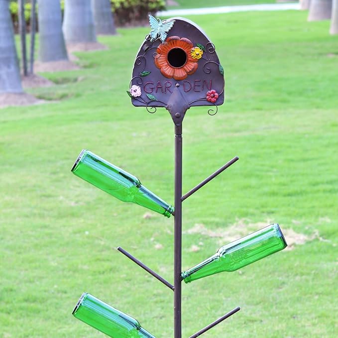 Metal Bird House and Wine Bottle Tree, 2 in 1, Bird Houses with Bottles Tree for Outside,As Garden Yard Decoration for Exterior Party Landscape Decoration