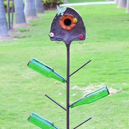 Metal Bird House and Wine Bottle Tree, 2 in 1, Bird Houses with Bottles Tree for Outside,As Garden Yard Decoration for Exterior Party Landscape Decoration