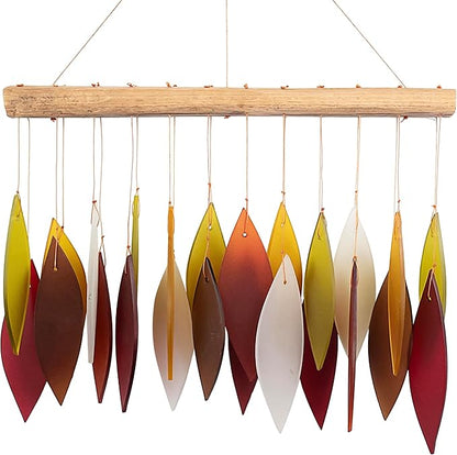 Blue Handworks Fall Leaves Glass & Driftwood Chime, Sandblasted Glass and Found Wood Handcrafted Wind Chime