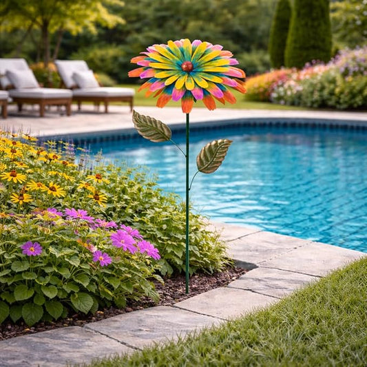 Glitzhome Metal Flower Yard Stake, 41" H Hand Painted Garden Flower with Red Green Petals, Iron Garden Yard Spring Decor for Lawn Landscape