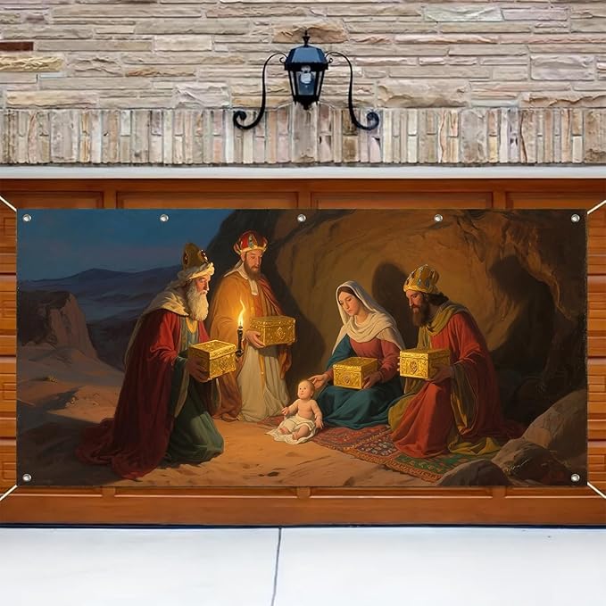 HOMETITUTE 13x6ft Three Wise Men Nativity Scene Garage Door Banner Baby Jesus Mary Polyester Large Outdoor Xmas Decoration for Holiday Party Winter Yard Home School Church Community Display