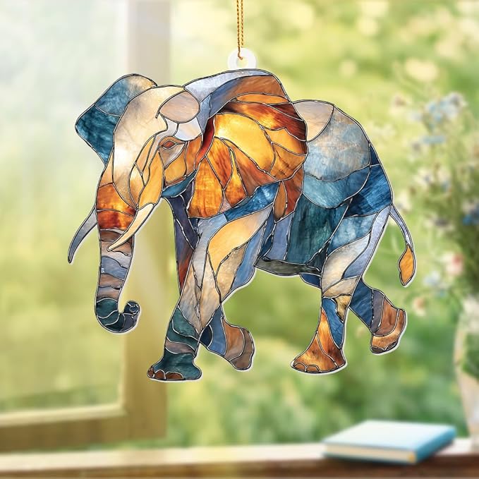 Elephant Ornament Stained Glass Style Acrylic – Window Hanging Suncatcher, Elephant Gifts for Women, Wildlife Animal Decor, Rearview Mirror Ornament, Holiday Christmas Tree Decorations(Sun-27)