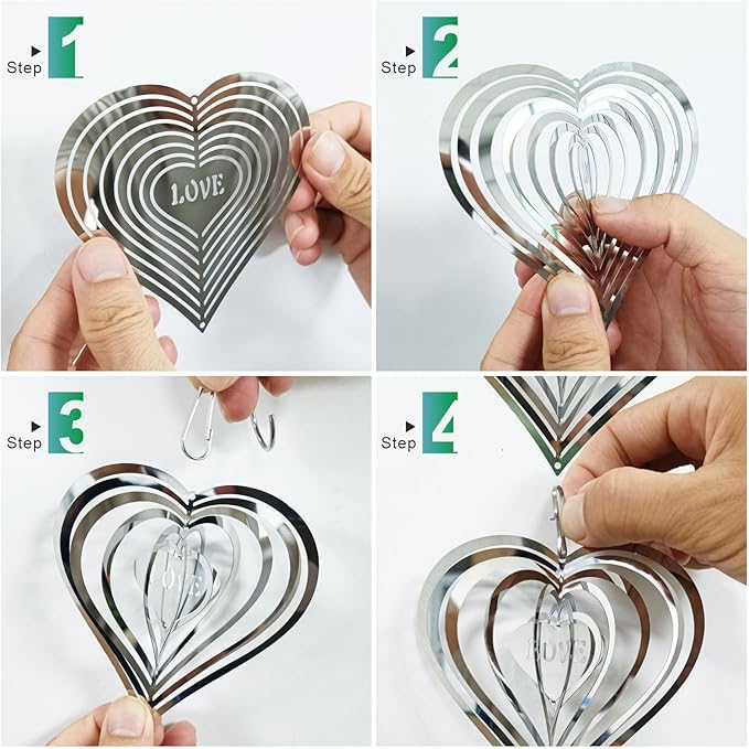 Shiny Metal Bird Reflectors Wind Spinners 360° Wind-Spinning Quiet Reflective Bird Deterrent Decor for Small Yard Orchard Bird-Prone Areas (Heart-Shaped/Silver / 9 Pcs / 3 Set)