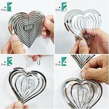 Shiny Metal Bird Reflectors Wind Spinners 360° Wind-Spinning Quiet Reflective Bird Deterrent Decor for Small Yard Orchard Bird-Prone Areas (Heart-Shaped/Silver / 9 Pcs / 3 Set)