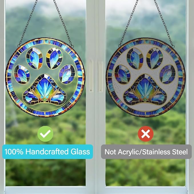 Dog Cat Paw Print Suncatcher Stained Glass Window Hanging - Handmade Dog Paw Suncatchers for Windows Hanging - Sun Catchers Indoor Wall Decor Glass Panel Memorial Catcher Remembrance Birthday Gift
