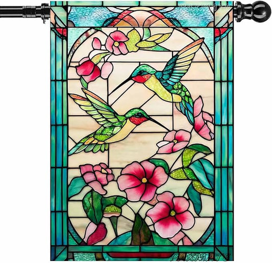 Spring Summer Hummingbird House Flag 28x40 Inch Double Sided, Stained Glass Floral Outdoor Flag Colorful Flower Large Yard Flag Seasonal Lawn Porch Farmhouse Decor