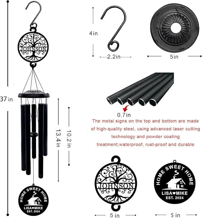 37'' Personalized House Warming Gifts New Home Wind Chimes,Housewarming Gifts Ideas for Women, Men, Couple, New Homeowner,Outdoor Decor for Patio,Garden,Yard
