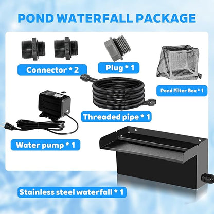 Upgraded Outdoor Pond Waterfall Kit with 50W Pump - 825 GPH Water Flow, 12.2 Inch Adjustable Waterfall Spillway & Extra Long Hose for Garden Ponds, Backyard Water Features (upgrade)