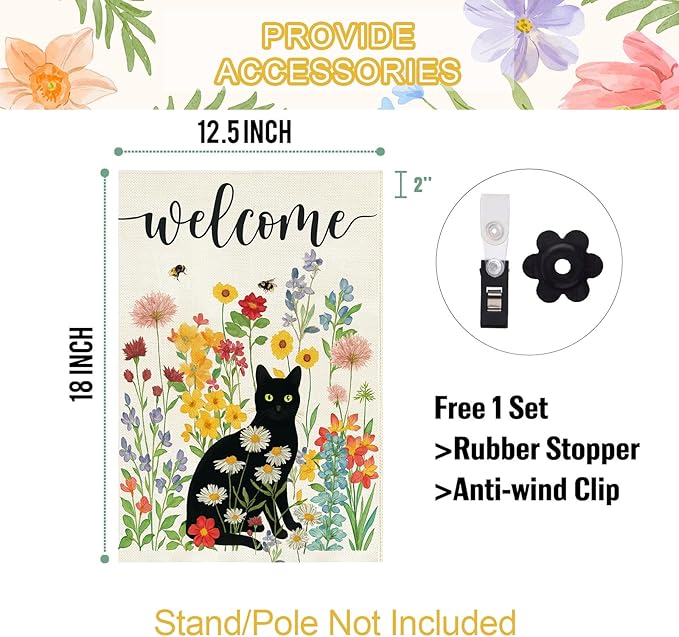 Baccessor Spring Summer Black Cat Garden Flag Double Sided 12.5 x 18 Inch Burlap with Clip and Stopper,Floral Flowers Welcome Flag Front Yard Lawn Seasonal Farmhouse Outside Outdoor Decoration
