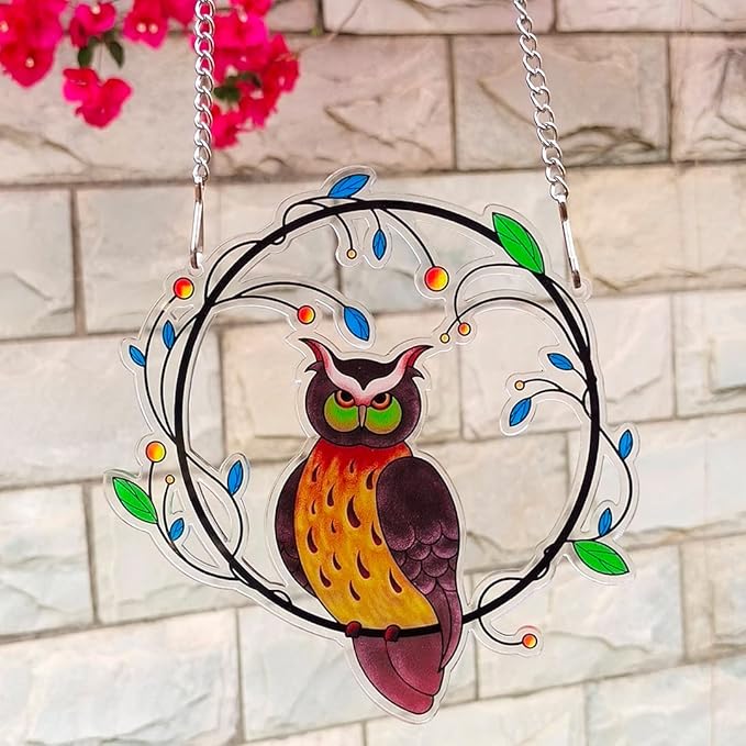 Zayookey Painted Owls Window Hanging Decor Stained Acrylic Bird Suncatcher Panel with Metal Chain for Wall Home Garden Ornament Gift