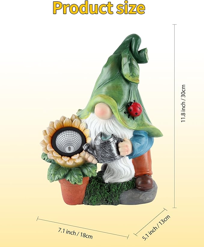 iStatue Large Solar Garden Gnome Figurines Lights - 12 in Tall Hand-Painted Statue for Outdoor Patio Decor, Lawn Ornaments, Yard and Balcony Housewarming Gifts (12'' Gnome)