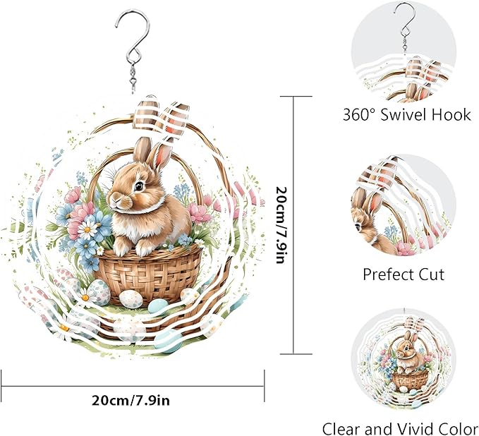 Easter Bunny Wind Spinner Easter Day Gifts 3D Metal Kinetic Hanging Wind Sculpture Spinners for Yard and Garden Indoor Outdoor Window Easter Rabbit Yard Art Garden Decoration 8 Inch (Bunny 4)