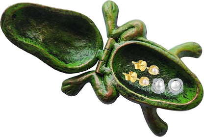 BSTGIFTS Iron Frog Key Hider - Outdoor Statue, Cast Iron, Green Frog, Hide a Key, Garden Decoration