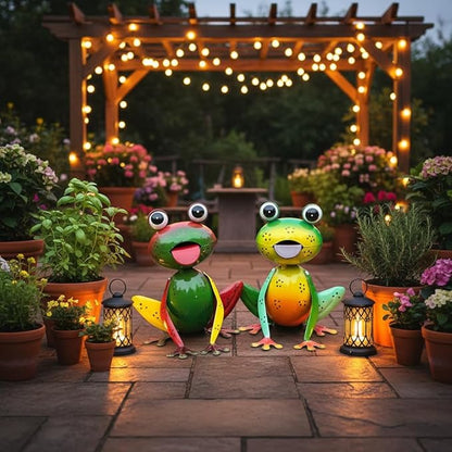 Metal Garden Decor for Outside Set of 2 Cute Small Frogs - OutdoorGarden Sculptures & Statues, Patio Lawn Backyard Fence Porch Decor, Metal Yard Art Ornaments, Garden Gifts for Mom Women Grandma
