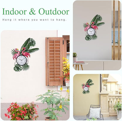 Outdoor Clock Silent Non-Ticking, Flamingo Outdoor Wall Clock and Thermometer Combo, Outside Clock Metal Wall Art Decor for Patio, Garden, Home Decor