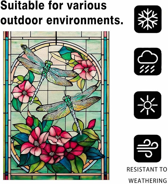 Spring Summer Dragonfly House Flag 28x40 Inch Double Sided, Stained Glass Dragonfly Floral Outdoor Flag Colorful Flower Large Yard Flag Seasonal Lawn Porch Farmhouse Decor