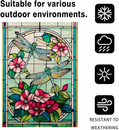 Spring Summer Dragonfly House Flag 28x40 Inch Double Sided, Stained Glass Dragonfly Floral Outdoor Flag Colorful Flower Large Yard Flag Seasonal Lawn Porch Farmhouse Decor