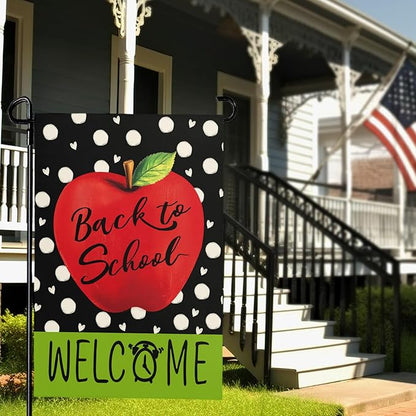 Welcome Back to School Garden Flags Apple Alarm Clock Yard Flags First Day of School Supplies Garden Flag Double Sided 12x18 Inch for Outdoor Yard Decoration