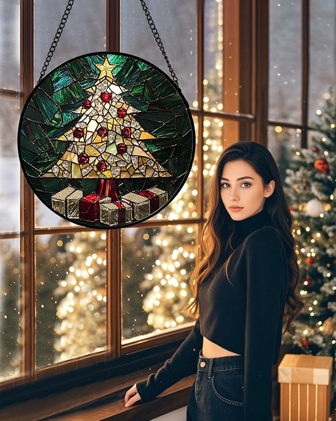 Stained Glass Window Hanging - Golden Christmas Tree Suncatcher for Doors Home Christmas Decoration Winter Sun Catcher Thanksgiving New Year Birthday Gifts for Women Men Mom Nana Girl 6.3 in