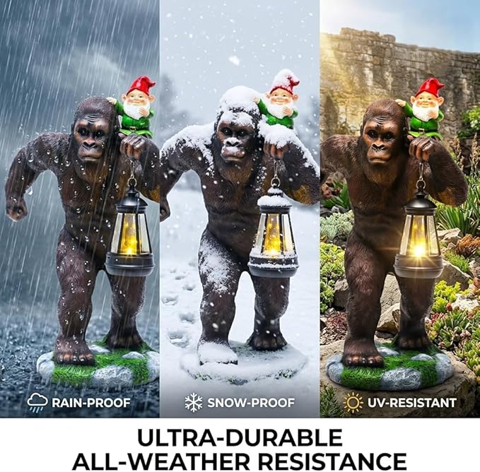 16 Inch Solar Bigfoot Garden Statue with Gnome & Lantern, Large Resin Sasquatch Yard Outdoor Decor, Funny Bigfoot Gifts for Husband, Dad & Grandpa (Large)
