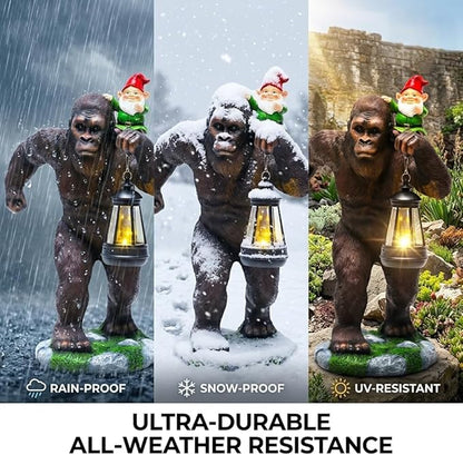 16 Inch Solar Bigfoot Garden Statue with Gnome & Lantern, Large Resin Sasquatch Yard Outdoor Decor, Funny Bigfoot Gifts for Husband, Dad & Grandpa (Large)