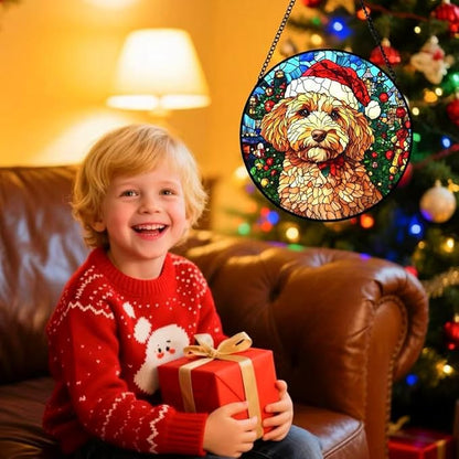 Stained Glass Window Hanging - 6.3 Inches Christmas Tree and A Dog Wearing a Xmas Hat Suncatcher for Garden Home Decor for Women Mon Grandma Friends
