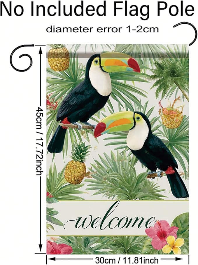 Welcome Toucan Garden Flag Tropical Bird Pineapple Palm Leaves Outdoor Yard Porch Lawn Garden Decor for Summer Island Patio Farmhouse Coastal Seasonal Home Display