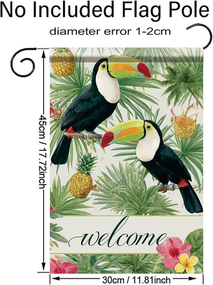 Welcome Toucan Garden Flag Tropical Bird Pineapple Palm Leaves Outdoor Yard Porch Lawn Garden Decor for Summer Island Patio Farmhouse Coastal Seasonal Home Display