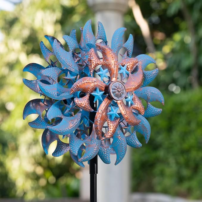 Wind Spinner Outdoor,Blue Copper Kinetic Metal Wind Spinner for Yard,Rustproof＆Waterproof Wind Sculpture,Metal Pinwheels for Yard Lawn Yard Art Outdoor Decor 13 * 66.2 inches