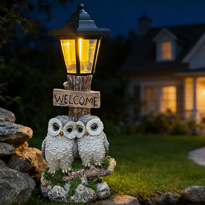 Outdoor Garden Owl Statue with Solar Lights, Owl Figure with Welcoming Sign, for Outdoor Landscapes, Courtyards, Paths, Outside Patio Lawn Decor, Gifts for Women, Owl Lovers