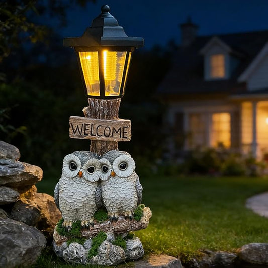 Outdoor Garden Owl Statue with Solar Lights, Owl Figure with Welcoming Sign, for Outdoor Landscapes, Courtyards, Paths, Outside Patio Lawn Decor, Gifts for Women, Owl Lovers