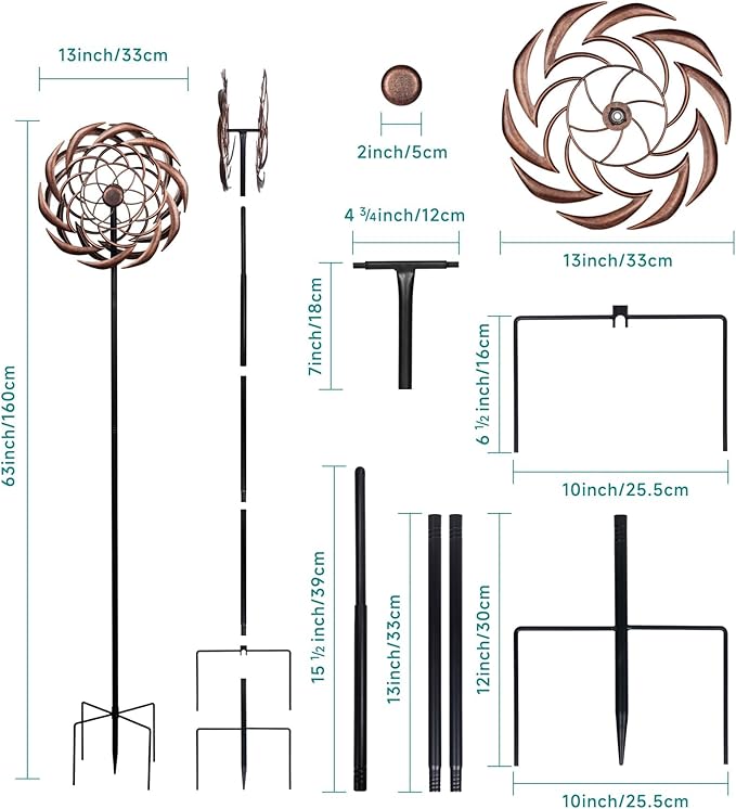 360° Copper Garden Wind Spinners Outdoor for Yard & Garden – W13xH63 Copper Metal Kinetic Sculpture Inspired by Bronze Sundial – Elegant Outdoor Decor