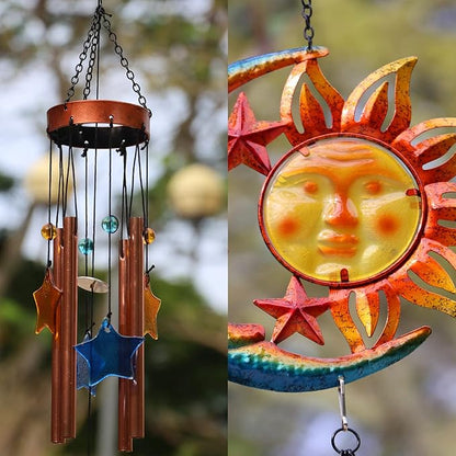 Sun Moon Star Wind Chime for Outside Valentine Decoration, Aluminum Tubes with Star Shape Suncatcher, Wind Chimes Hanging for Porch Patio Balcony Decor, 37 Inch