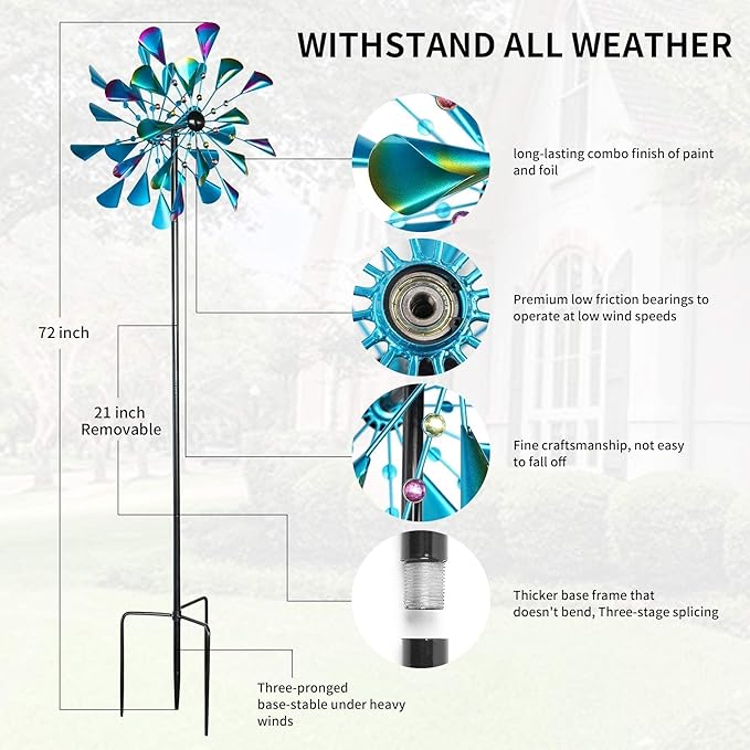 DECOROCA Kinetic Wind Spinners Outdoor - Large Metal Wind Sculptures & Spinners Yard Patio Lawn Garden Decorations, Windmill Clearance with Stable Metal Stake(Peacock-Blue)