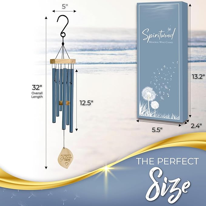 Beautifully Packaged 32" Memorial Wind Chimes for Loss of Loved One - Ocean Blue Tranquil Sounding Sympathy Wind Chimes for outside in Memory of a Loved One - Ideal as a Sympathy Gift & Memorial Gifts
